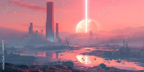 Futuristic Cityscape with Energy Beam Tower, Surreal Buildings, and Intergalactic Planet Landscape in a Sci-Fi Setting. Concept Futuristic Cityscape, Energy Beam Tower, Surreal Buildings