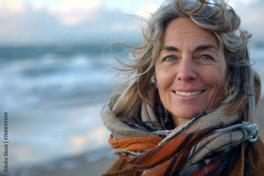 A mature woman is smiling on the beach, enjoying the natural and carefree lifestyle, soaking up the sunny and breezy weather, and taking in the fresh ocean breeze with joy. A mature woman is smiling on the beach, enjoying the natural and carefree lifestyle, soaking up the sunny and breezy weather, and taking in the fresh ocean breeze with joy.