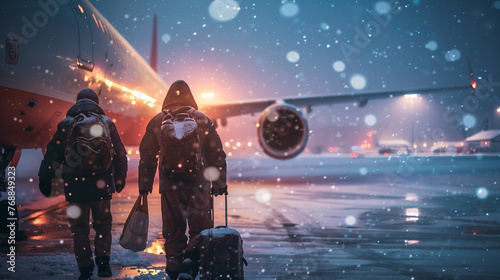 People boarding a plane in a snowy winter, snowflakes and icy runway, bright airport lights