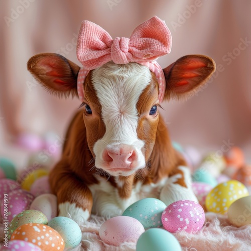 Baby Cow with Bow and Easter Eggs. AI Generative