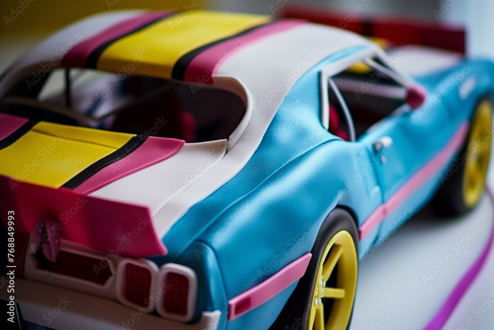 closeup of a car cake with racing stripes and edible wheels