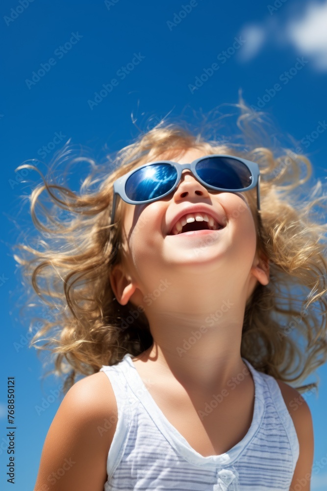 Little girl with sunglasses looking up at the sky and smiling