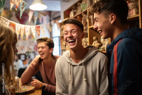 Four cheerful teenage friends laughing together in a cafe