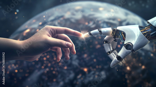 A robot and human hand about to touch, in connection together, teamwork and partnership, cooperation with artificial intelligence and machine learning, tech innovation and progress in cyber research
