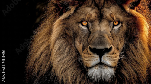A lion with a golden mane and yellow eyes. The lion is looking directly at the camera