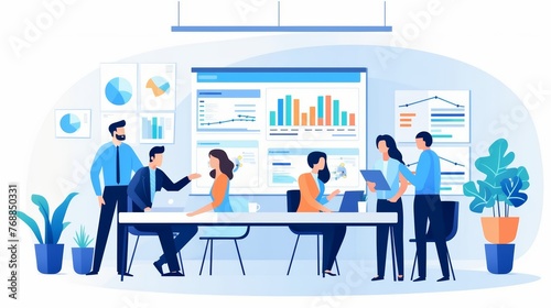 Collaborative Team Analyzing Data Visualizations During a Business Meeting in a Modern Office Space