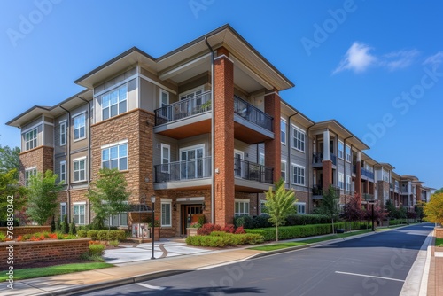 Modern apartment buildings with brick and stone exterior