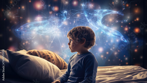 A young boy is sitting on a bed with a pillow behind him. He is looking at a screen that shows a bright blue and purple space with stars and a large, glowing object