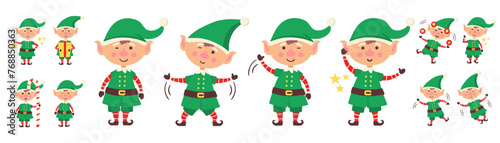 Collection of Christmas elves isolated on white background. Set of little Santa's helpers with holiday gifts and decorations. Set of adorable cartoon characters. Flat vector illustration. © Little Monster 2070