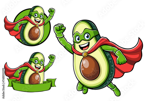 Avocado fruit mascot vector wearing a super hero costume, flying in the air