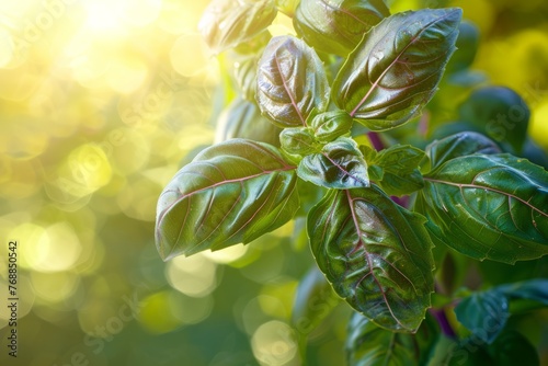 Close up of basil leaves with sunlight in the background photo
