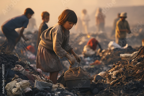 Generative Ai of poor children searching through trash. 