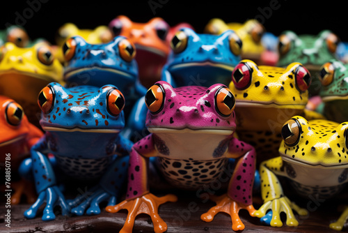 Generative Ai of a bunch of colorful frogs.  photo