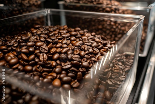 coffee beans in a transparent storage drawer