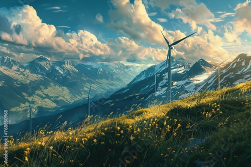 landscape with renewable and sustainable green energy with wind turbines on mountain during afternoon lights