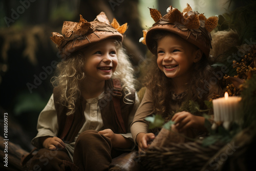 Generative ai cute little children laughing dressed as an elf in a magical forest