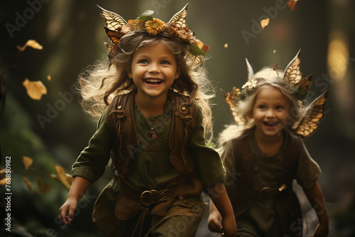 Generative ai cute little children laughing dressed as an elf in a magical forest