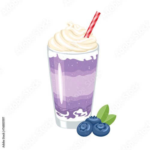 Blueberry milkshake. Vector cartoon illustration of berry cocktail with whipped cream. Sweet summer drink  in glass with straw. 