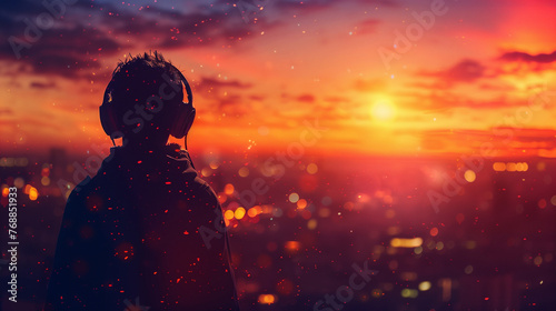 Digital painting of A person in silhouette listens to music on headphones against the backdrop of a vibrant city sunset, with bokeh lights sparkling around.