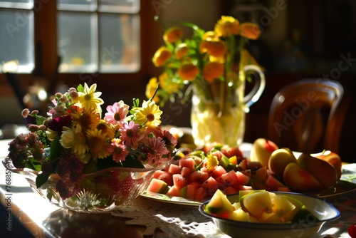 morning light on a nooks freshcut flowers and fruit salad