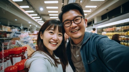 A happy couple taking a selfie in a grocery store