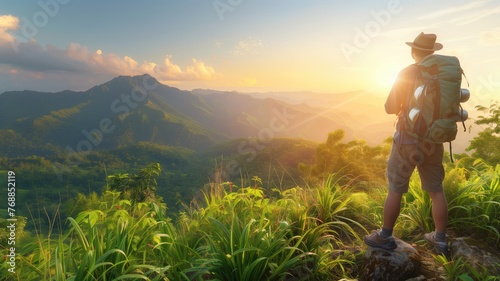 Adventurer with backpack enjoying sunset over lush mountain range