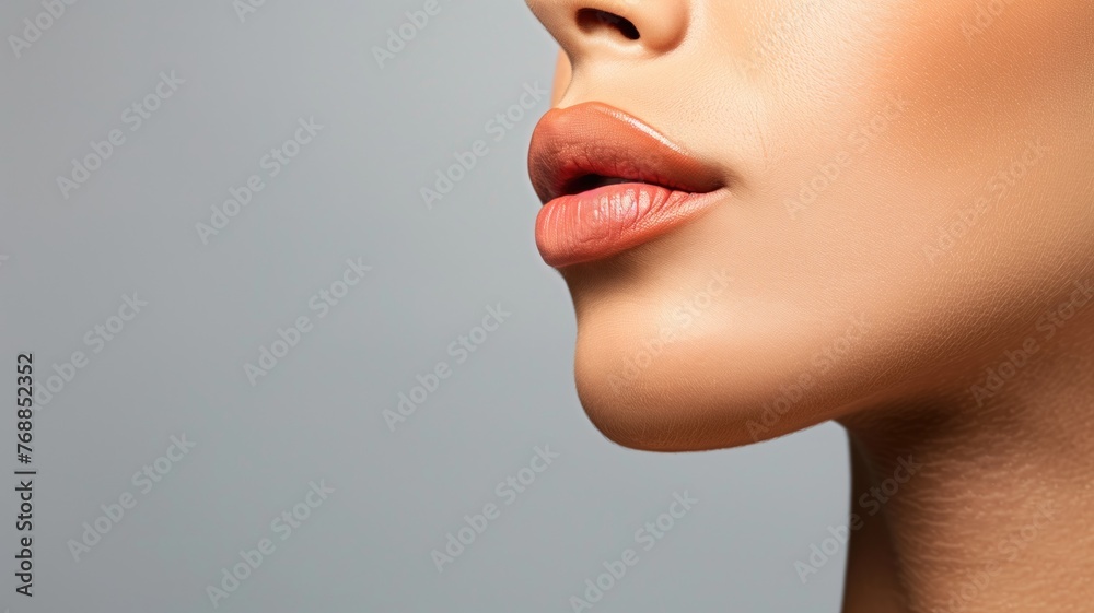 An extreme close-up captures the natural beauty and detail of pouty lips, makeup enhancing their shape An extreme close-up captures the natural beauty and detail of pouty lips, makeup enhancing their shape