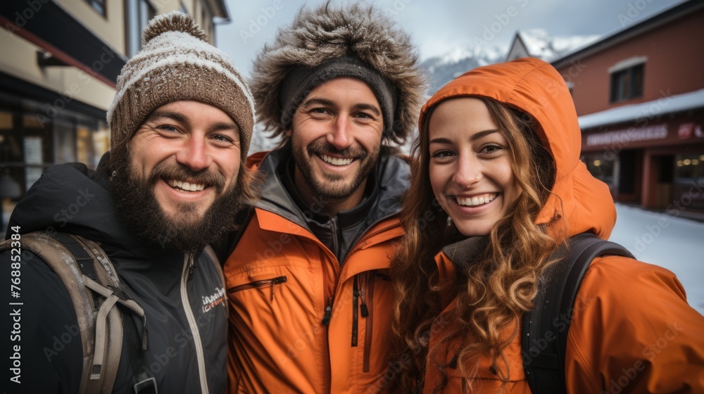 Three friends posing for a photo in the snow Three friends posing for a photo in the snow