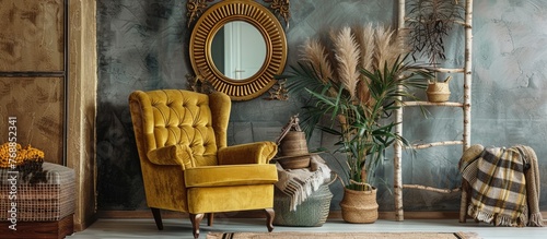 A yellow chair is placed in the living room next to a mirror. The room is neatly arranged, with visible decor and furnishings. The mirror reflects the surroundings, adding depth to the room.