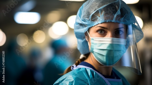 Portrait of a young female doctor or nurse wearing a surgical mask and face shield. photo