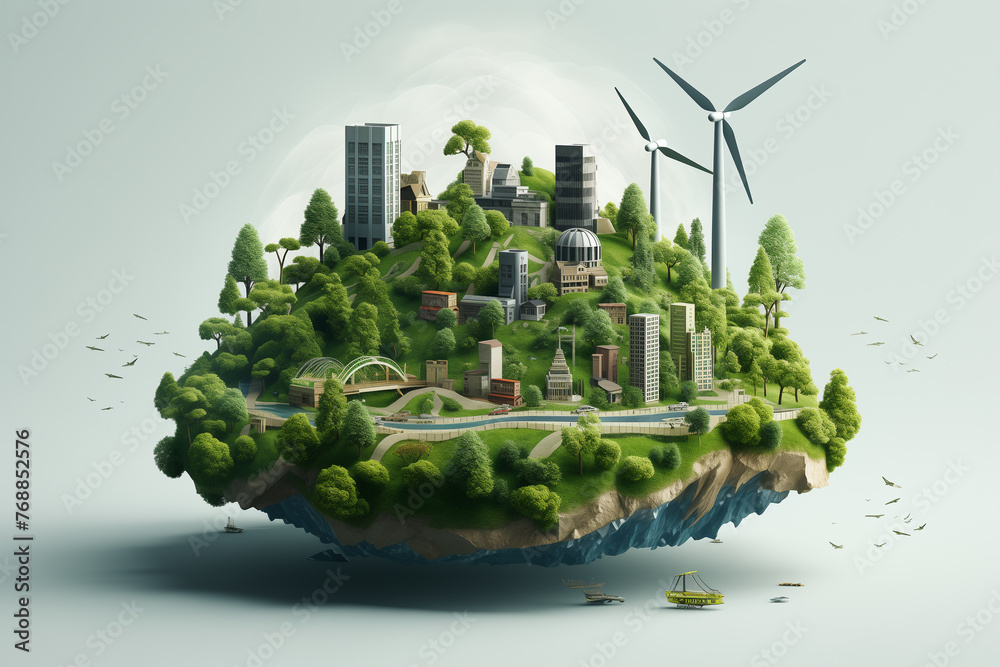 Generative Ai of a world with windmills, green trees, eco friendly environment.