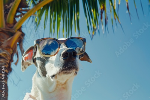 greyhound in stylish glasses beside a palm tree