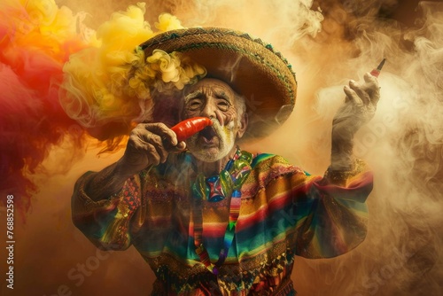 An elderly Mexican man in a sombrero with chili pepper in his hands