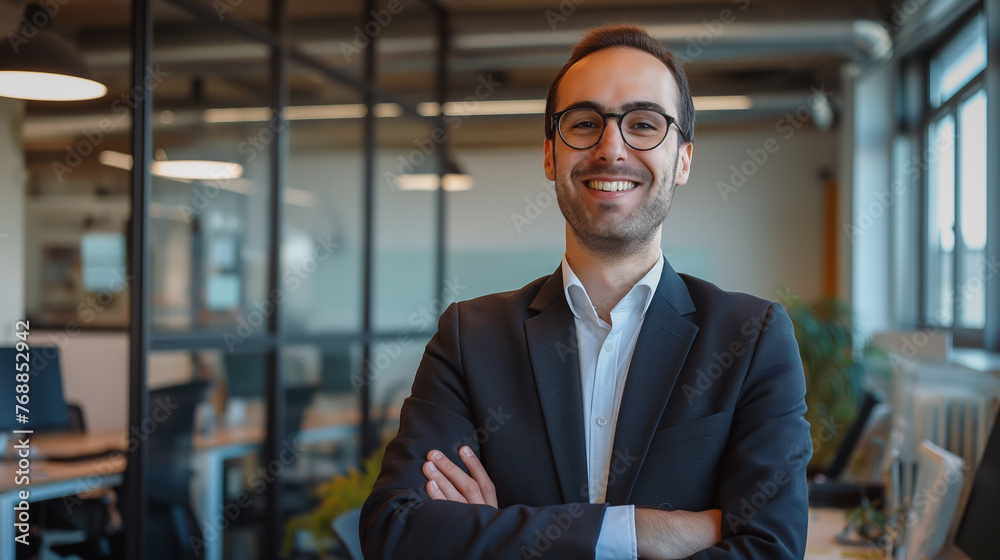 smiling businessman or CEO of a company in modern office, portrait of a smiling person in office