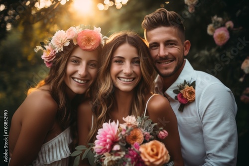 Three people posing for a photo at a wedding.