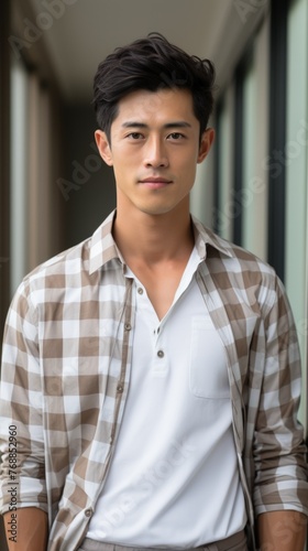 A young Asian man is posing in a casual outfit.