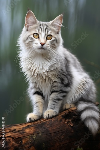 A gray and white cat is sitting on a log in the woods