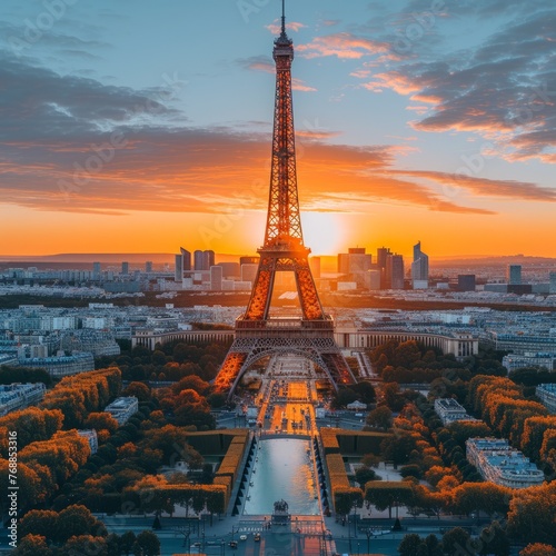 Scenic view of the Eiffel Tower in Paris during sunset photo