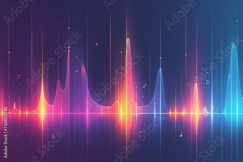 A sound wave with different colors representing the low and high notes, set against a dark background. 
