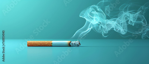 Isolated cigarette with blue smoke on a turquoise background, representing smoking and its associated health risks. photo