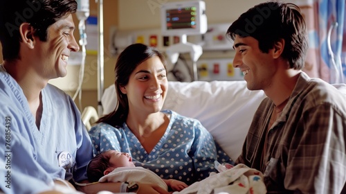 Family with a newborn baby bonding in the hospital.