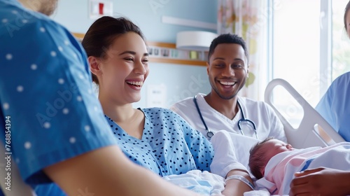 New parents with a healthcare professional, smiling at their newborn baby in a hospital.