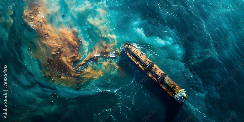 Tanker container crash in ocean prompts pollution cleanup marine life impact legal investigation and insurance claims. Concept Tanker accident, Pollution cleanup, Marine life impact - obrazy, fototapety, plakaty 