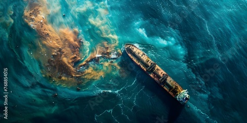 Tanker container crash in ocean prompts pollution cleanup marine life impact legal investigation and insurance claims. Concept Tanker accident, Pollution cleanup, Marine life impact photo