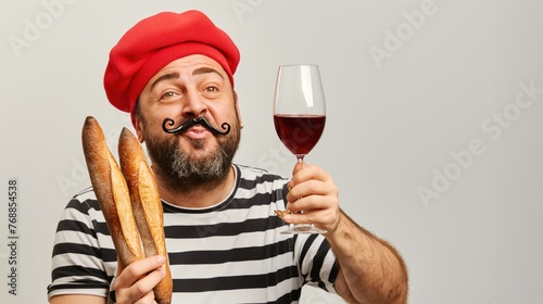 French man with wine and baguettes toasting.