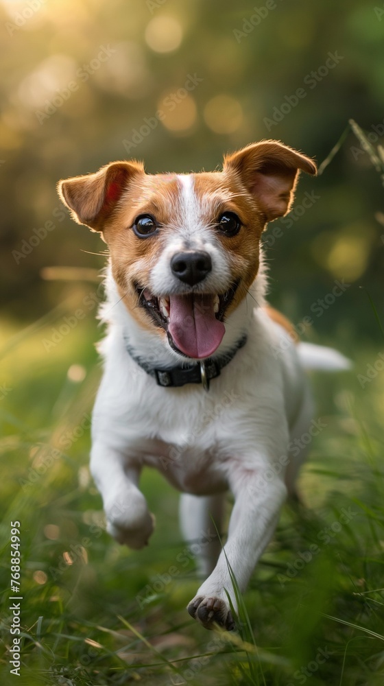 Lively Jack Russell Terrier bounding through the grass, drawing attention to the importance of tick and flea prevention.