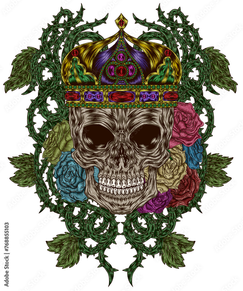 Illustration, hand drawn, skull, vintage, old school style Wear a crown of roses and vines. on a transparent background