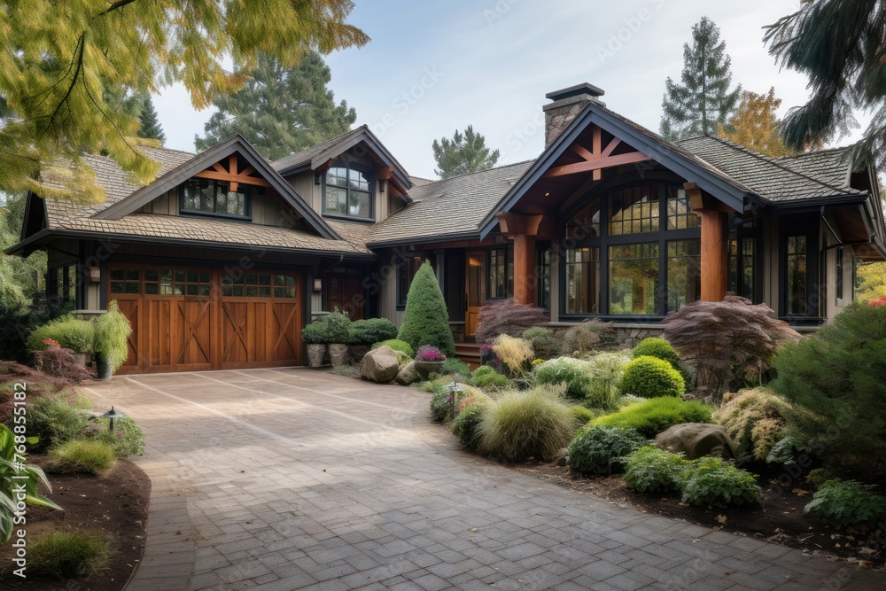 Large Suburban House With Driveway Surrounded by Trees Generative AI Large Suburban House With Driveway Surrounded by Trees Generative AI