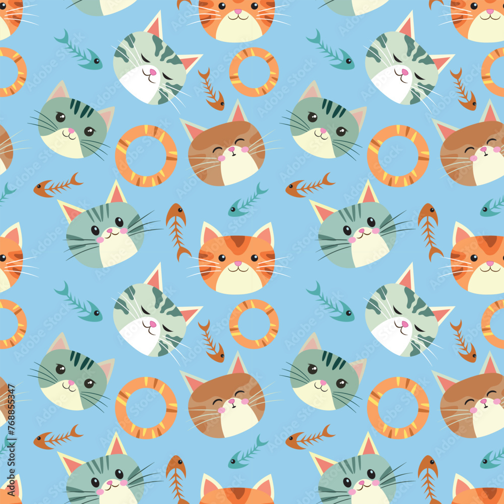 Cartoon cute cat head with fish bone seamless pattern. Can be used for fabric textile wallpaper gift wrap paper. Cartoon cute cat head with fish bone seamless pattern. Can be used for fabric textile wallpaper gift wrap paper.