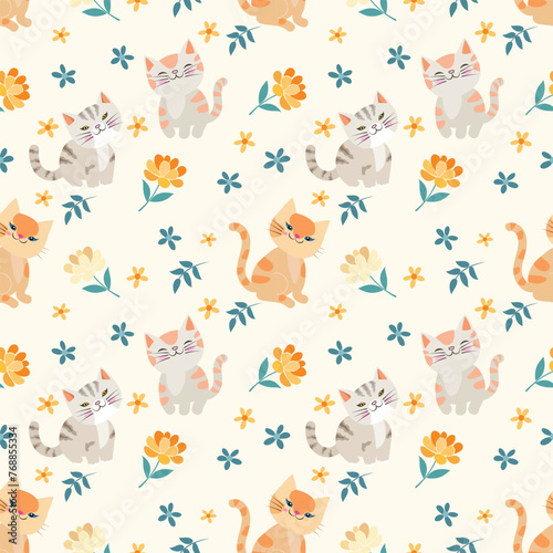 Cute cat with minimal flower seamless patterns. This pattern can be used for fabric textile wallpaper gift wrap paper.